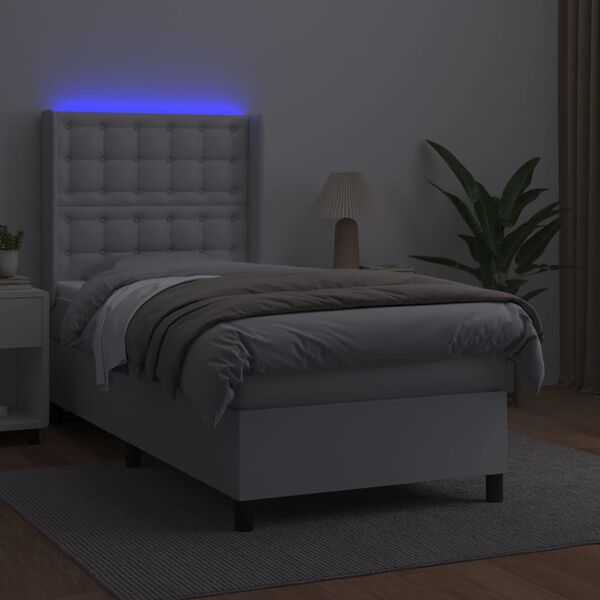 vidaXL Boxspringbett mit Matratze & LED Wei&szlig; 90x200 cm Kunstleder
