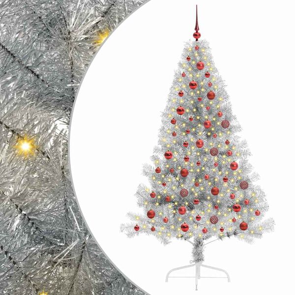 vidaXL Künstlicher vorbeleuchteter Weihnachtsbaum Silber 180 cm PET