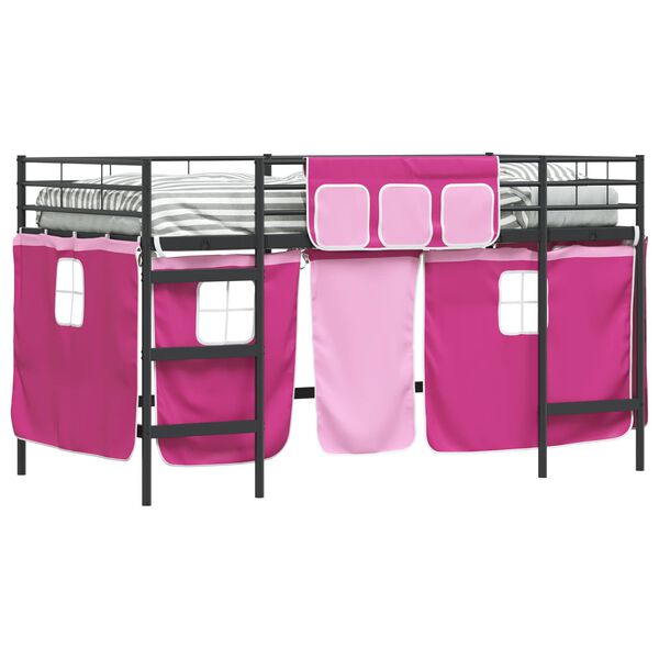 vidaXL Kinder Loft Bettgestell mit Vorh&auml;ngen Schwarz und Pink