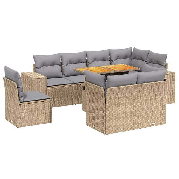 vidaXL 9-tlg. Garten-Sofagarnitur mit Kissen Beige Poly Rattan