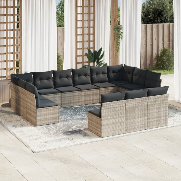 vidaXL 13-tlg. Garten-Sofagarnitur mit Kissen Hellgrau Poly Rattan