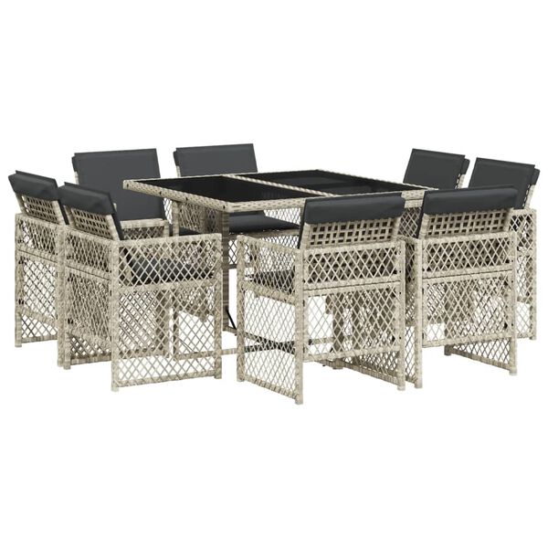 vidaXL 9-tlg. Garten-Essgruppe mit Kissen Hellgrau Poly Rattan