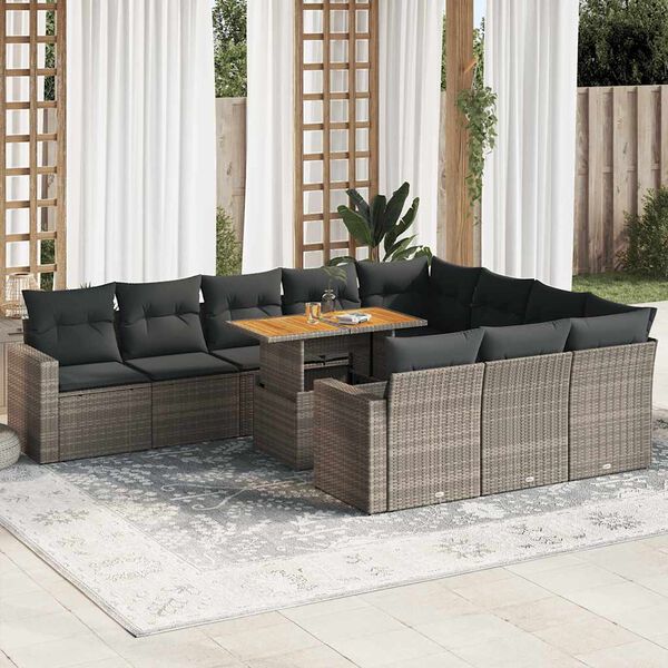 vidaXL 11-tlg. Garten-Sofagarnitur mit Kissen Grau Poly Rattan