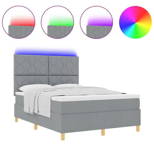 vidaXL LED Boxspringbett mit Matratze Hellgrau 140 x 190 cm Stoff