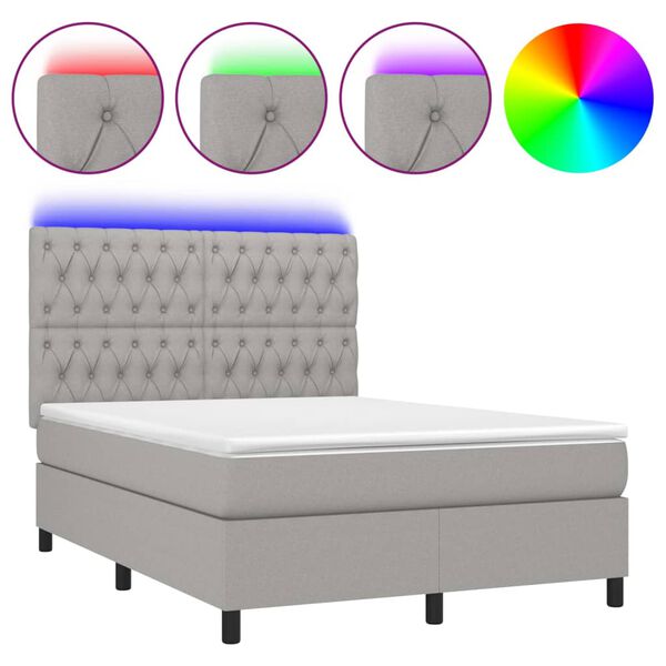 vidaXL Boxspringbett mit Matratze & LED Hellgrau 140x200 cm Stoff