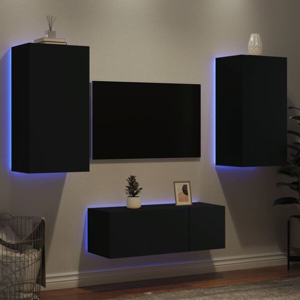 vidaXL 4-tlg. Wohnwand mit LED-Beleuchtung Schwarz Holzwerkstoff