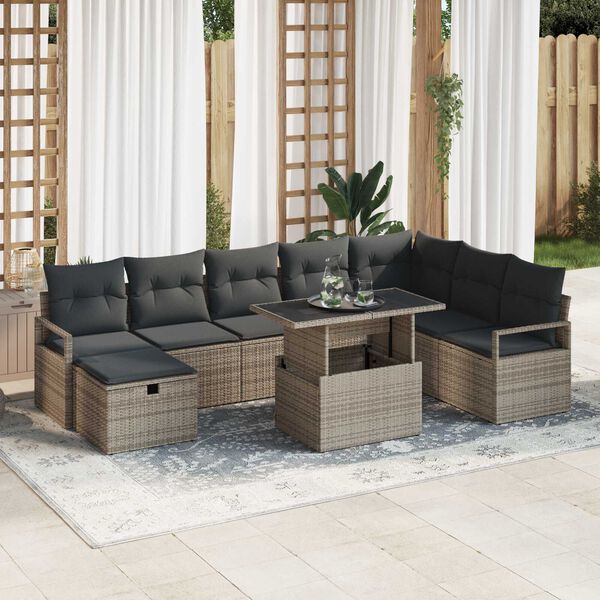 vidaXL Garten-Sofa-Set mit Kissen mit Speicher 9 pcs Grau Poly Rattan