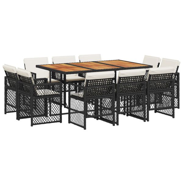 vidaXL 11-tlg. Garten-Essgruppe mit Kissen Schwarz Poly Rattan