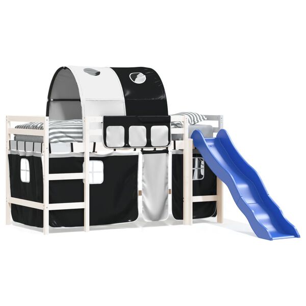 vidaXL Kinderhochbett mit Tunnel Wei&szlig; & Schwarz 90x200 cm Kiefernholz