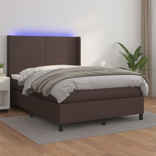 vidaXL Boxspringbett mit Matratze & LED Braun 140x200 cm Kunstleder