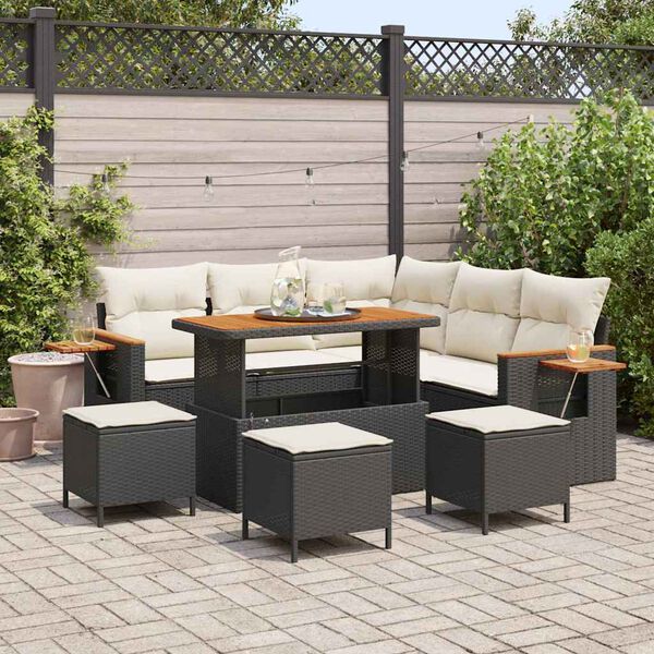 vidaXL Garten-Sofa-Set mit Kissen mit Speicher Schwarz Poly Rattan