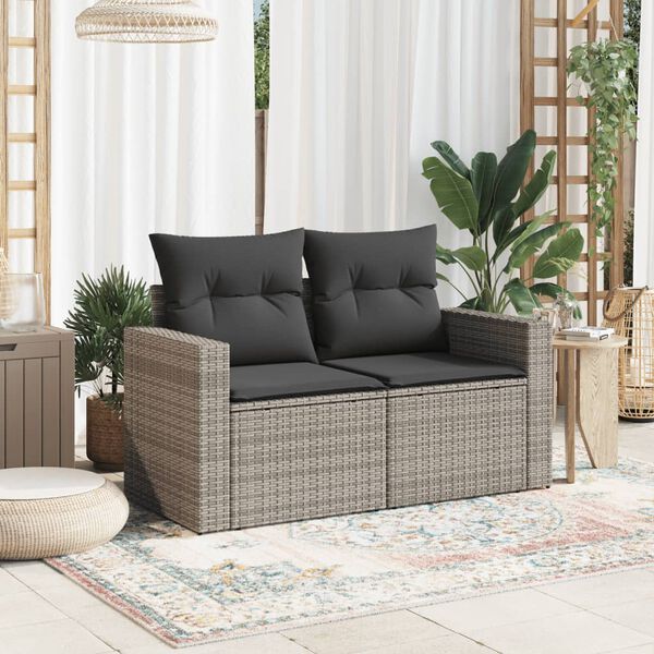 vidaXL Gartensofa 2-Sitzer mit Kissen Grau Poly Rattan