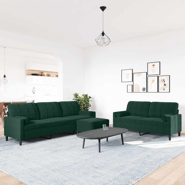vidaXL 3-tlg. Sofagarnitur mit Kissen und Nackenrollen Dunkelgr&uuml;n Samt