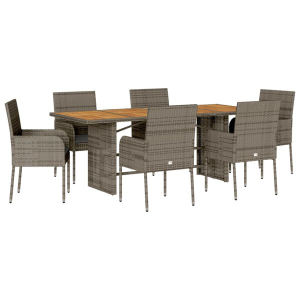 vidaXL 7-tlg. Garten-Essgruppe mit Kissen Grau Poly Rattan