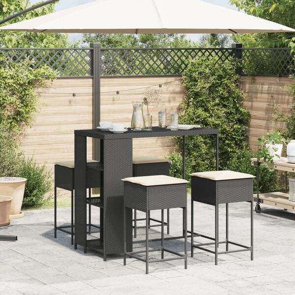 vidaXL 5-tlg. Gartenbar-Set mit Kissen Schwarz Poly Rattan