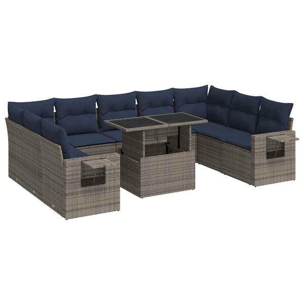 vidaXL 10-tlg. Garten-Sofagarnitur mit Kissen Grau Poly Rattan Akazie