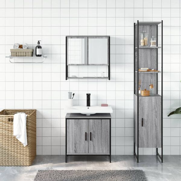 vidaXL 3-tlg. Badm&ouml;bel-Set Grau Sonoma Holzwerkstoff