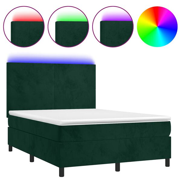 vidaXL Boxspringbett mit Matratze & LED Dunkelgr&uuml;n 140x200 cm Samt