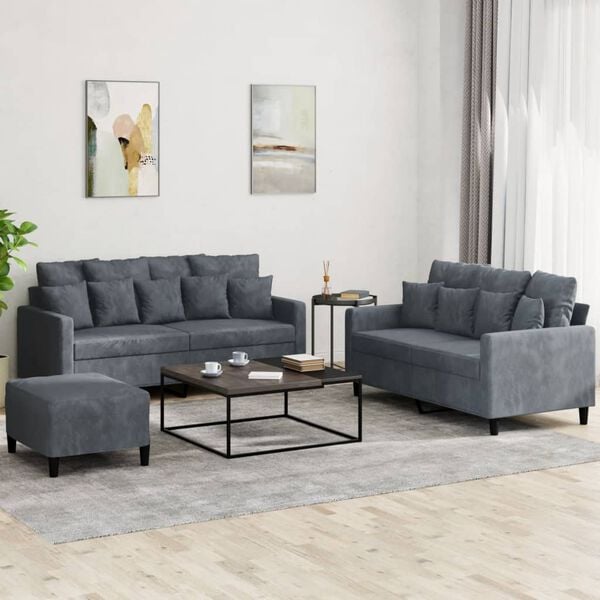 vidaXL 3-tlg. Sofagarnitur mit Kissen Dunkelgrau Samt