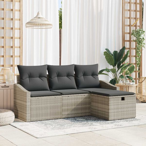 vidaXL Sofa Set mit Kissen mit Speicher 4 pcs Hellgrau Poly-Rattan