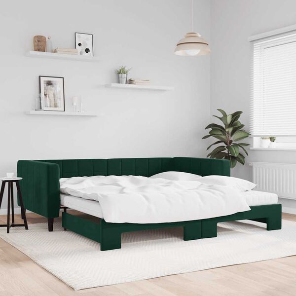 vidaXL Tagesbett Ausziehbar mit Matratzen Dunkelgr&uuml;n 100x200 cm Samt