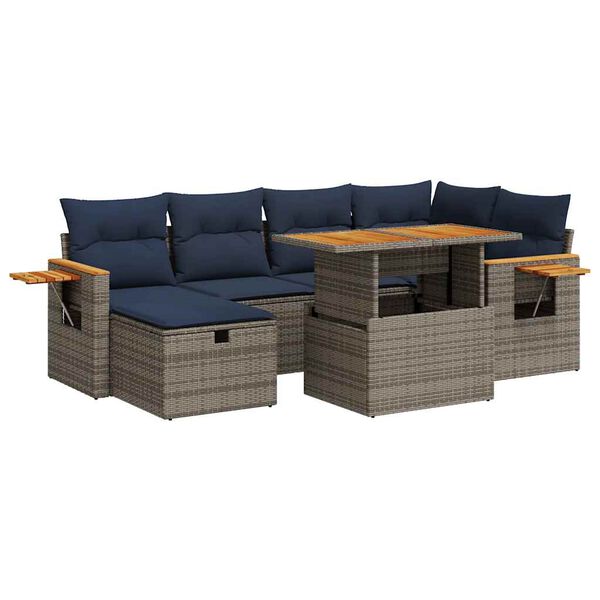 vidaXL 7-tlg. Garten-Sofagarnitur mit Kissen Grau Poly Rattan
