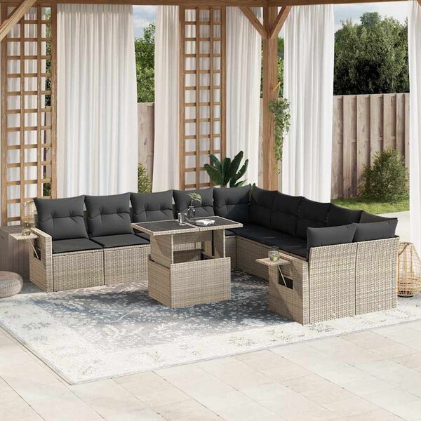 vidaXL 11-tlg. Garten-Sofagarnitur mit Kissen Hellgrau Poly Rattan
