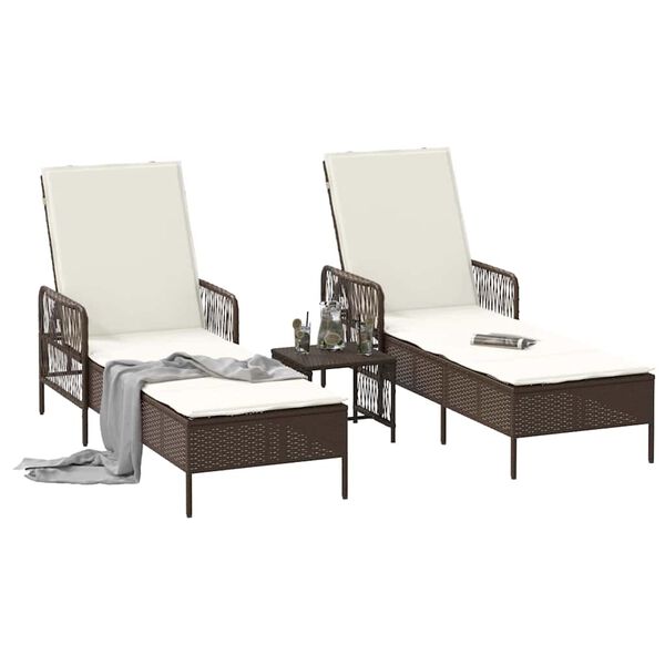 vidaXL Sonnenliege mit Kissen 3 pcs Braun und Creme Weiß Poly-Rattan