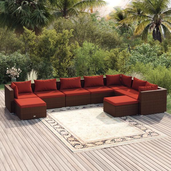 vidaXL 9-tlg. Garten-Lounge-Set mit Kissen Poly Rattan Braun