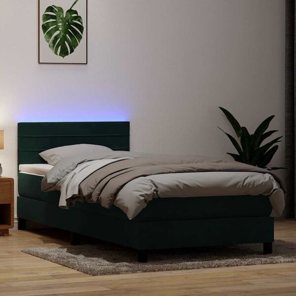 vidaXL Boxspringbett mit Matratze & LED Dunkelgr&uuml;n 100x220 cm Samt