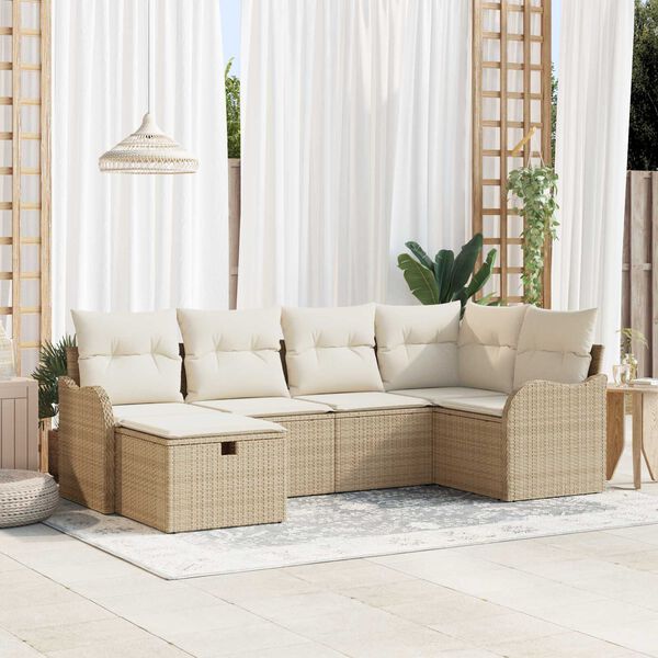 vidaXL Garten-Sofa-Set mit Kissen mit Speicher 6 pcs Beige Poly Rattan