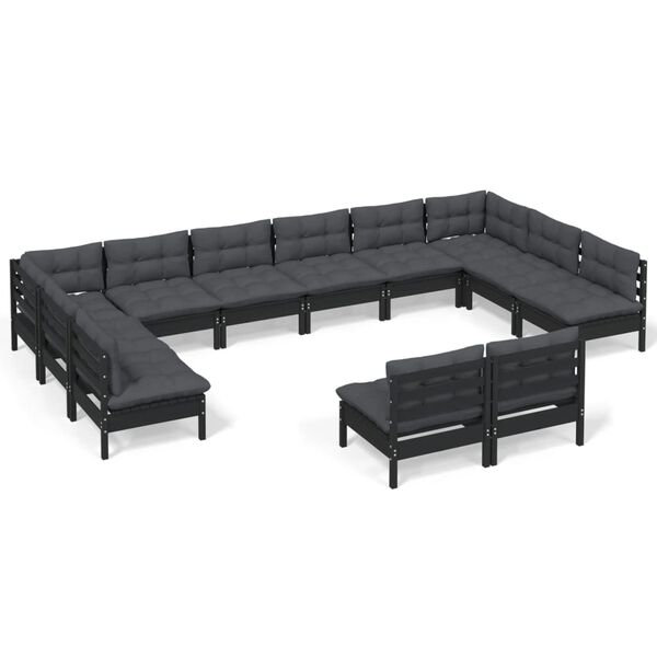 vidaXL 12-tlg. Garten-Lounge-Set mit Kissen Schwarz Kiefer Massivholz