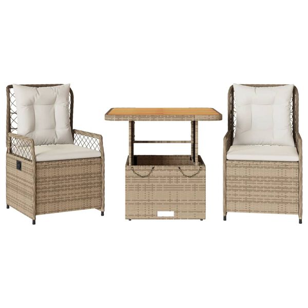 vidaXL 3-tlg. Garten-Essgruppe mit Kissen Beige Poly Rattan