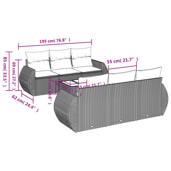 vidaXL 7-tlg. Garten-Sofagarnitur mit Kissen Braun Poly Rattan