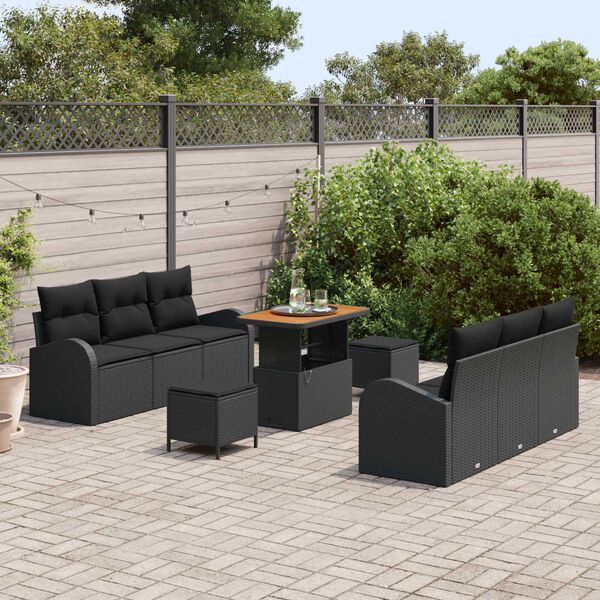 vidaXL Garten-Sofa-Set mit Kissen 9 pcs Schwarz Poly Rattan