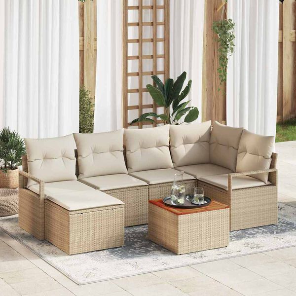 vidaXL Garten-Sofa-Set mit Kissen 7 pcs Beige Poly Rattan