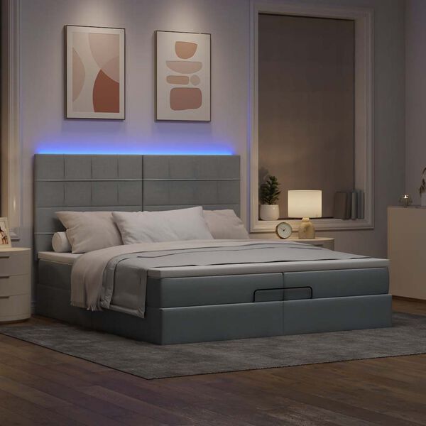 vidaXL Ottoman-Bett mit Matratzen & LEDs Hellgrau 200x200 cm Stoff