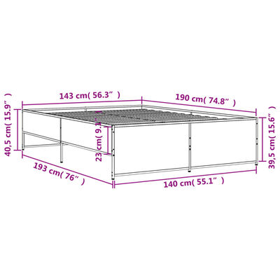 vidaXL Bettgestell Grau Sonoma 140x190 cm Holzwerkstoff und Metall