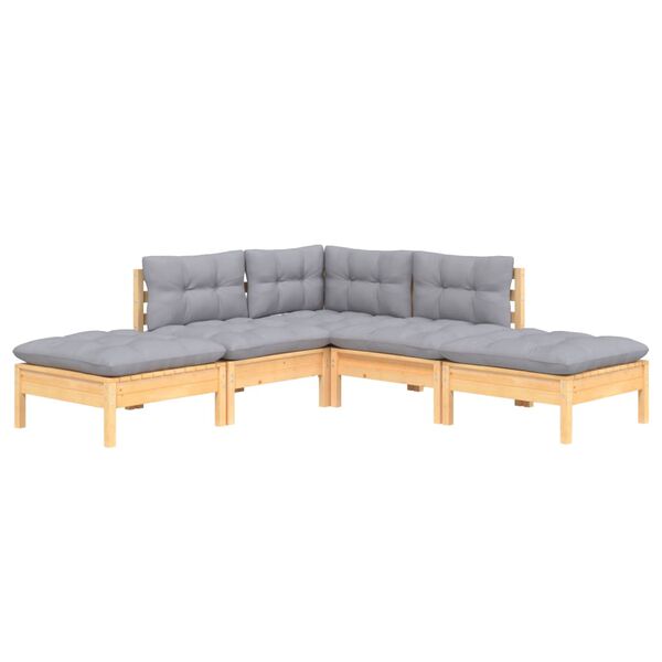 vidaXL 5-tlg. Garten-Lounge-Set mit Grauen Kissen Kiefernholz