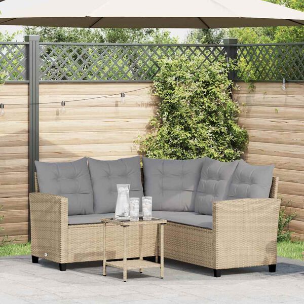 vidaXL Gartensofa in L-Form mit Tisch und Kissen Beige Poly Rattan