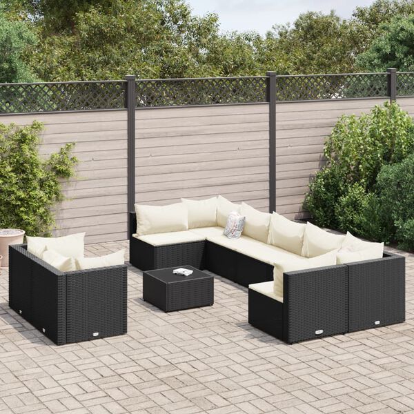 vidaXL 9-tlg. Garten-Sofagarnitur mit Kissen Schwarz Poly Rattan