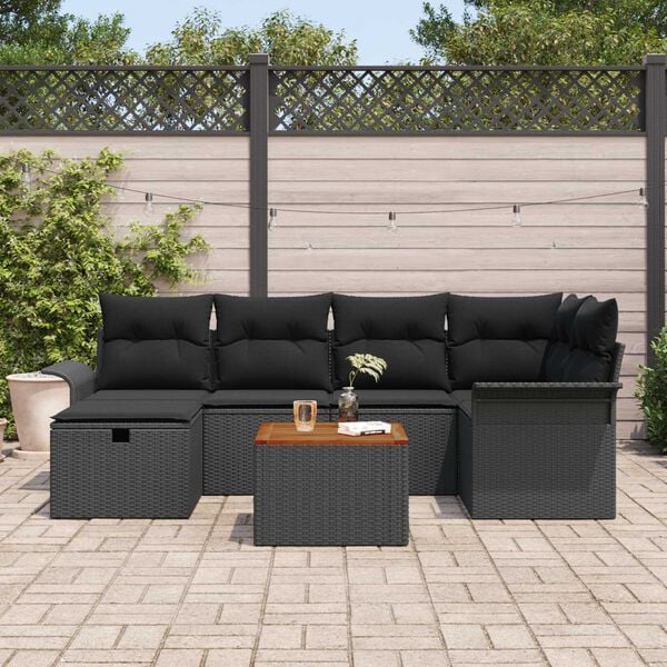 vidaXL Garten-Sofa-Set mit Kissen 7 pcs Schwarz Poly Rattan