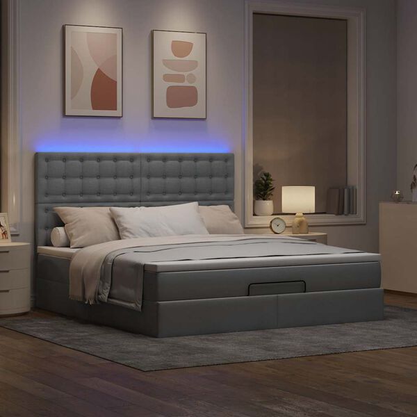 vidaXL Ottoman-Bett mit Matratze & LEDs Hellgrau 180x200 cm Stoff