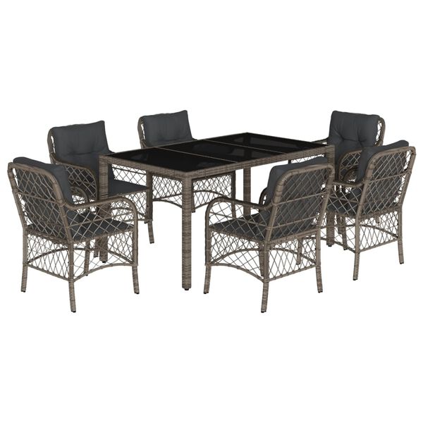 vidaXL 7-tlg. Garten-Essgruppe mit Kissen Grau Poly Rattan
