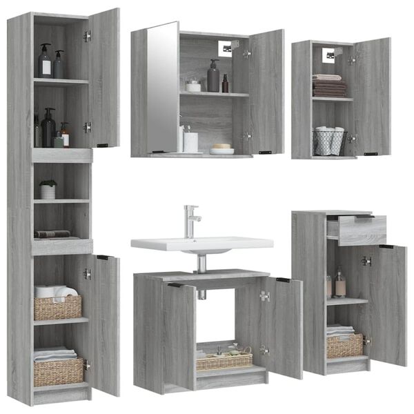 vidaXL 5-tlg. Badm&ouml;bel-Set Grau Sonoma-Eiche Holzwerkstoff