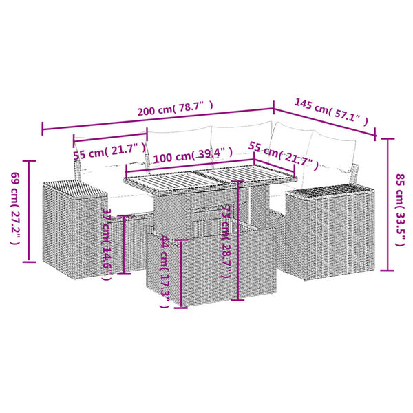 vidaXL 5-tlg. Garten-Sofagarnitur mit Kissen Schwarz Poly Rattan
