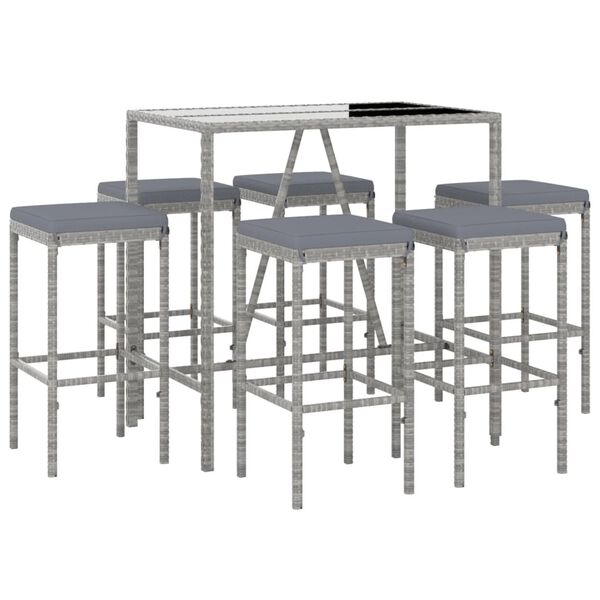 vidaXL 7-tlg. Gartenbar-Set mit Kissen Grau Poly Rattan