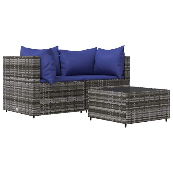 vidaXL 3-tlg. Garten-Lounge-Set mit Kissen Grau Poly Rattan
