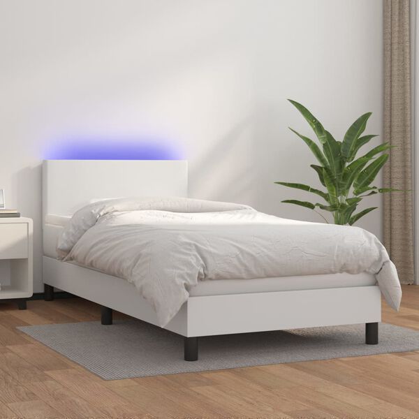 vidaXL Boxspringbett mit Matratze & LED Wei&szlig; 90x190 cm Kunstleder