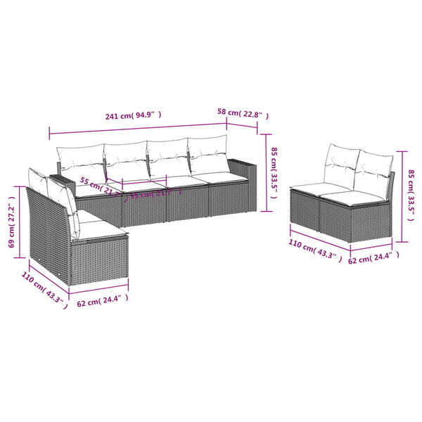 vidaXL 8-tlg. Garten-Sofagarnitur mit Kissen Schwarz Poly Rattan